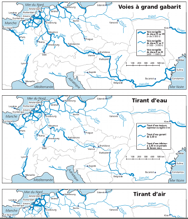 Cartes européennes des gabarits fluviaux : tirant d'eau, tirant d'air