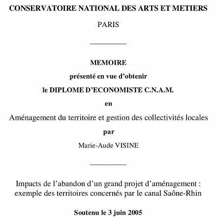 Mémoire CNAM sur le projet de canal Rhin-Rhône